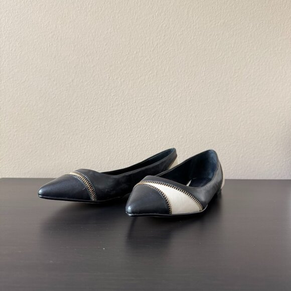 Banana Republic Black Pointy Leather Zipper Cacey Flats, Size 7 (w/box) - Picture 1 of 8